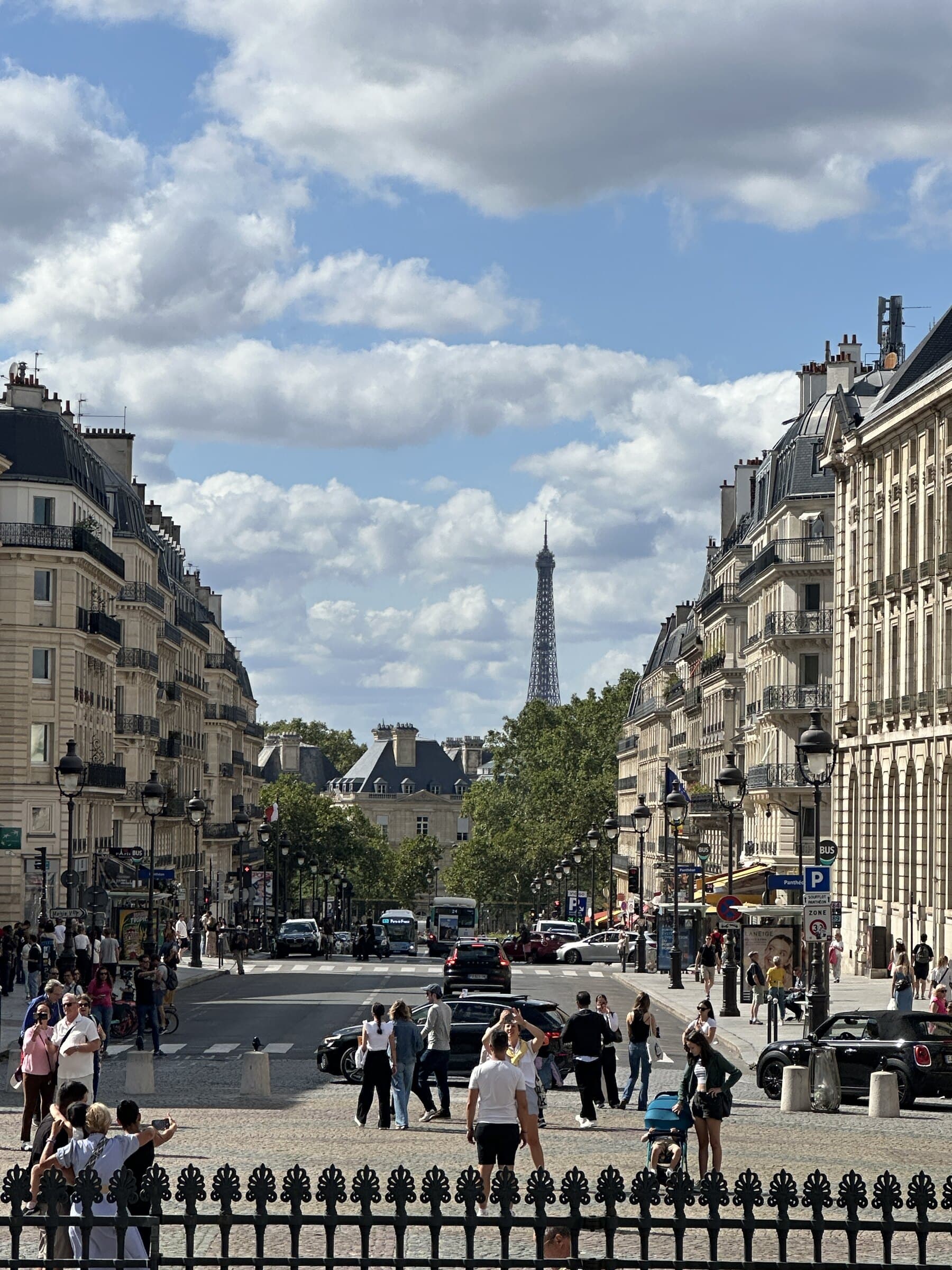 Paris skyline axis with the Eiffel Tower in the distance.